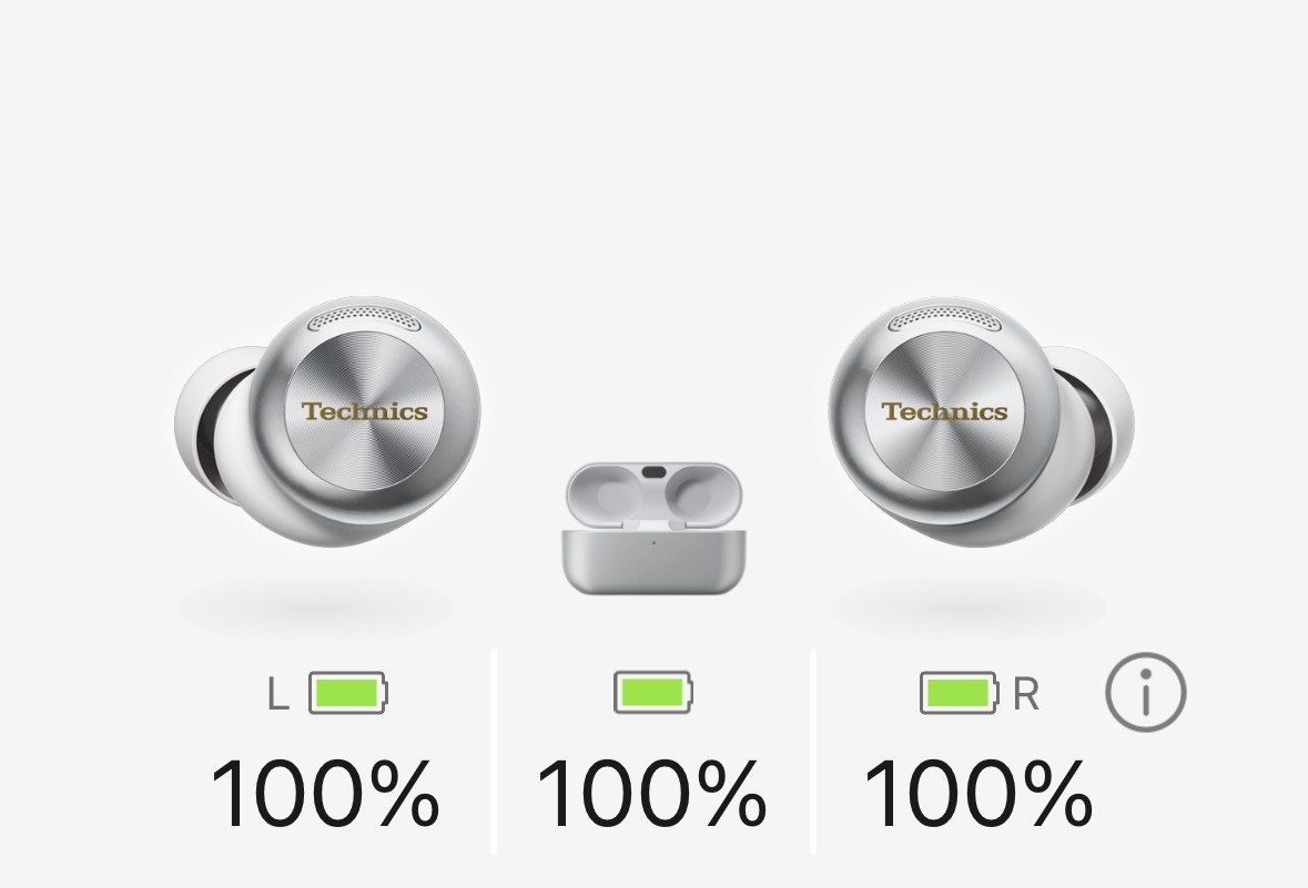 Technicsのアプリで左イヤホン、充電ケース、右イヤホンの電池残量がそれぞれ100％と表示された画面